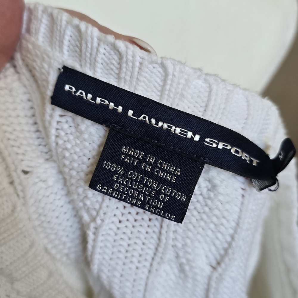 Ralph Lauren White V-Neck Cable Knit Sweater Size Medium - Picture 8 of 10